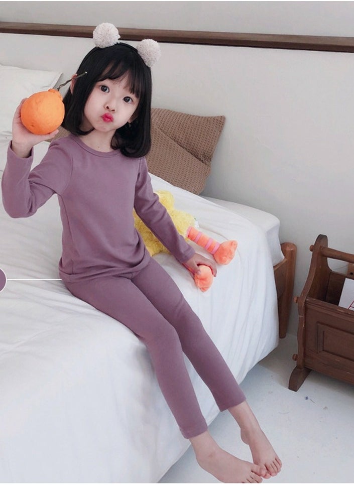 Loquat - Kids Solid Color Thermal Underwear Set Cotton Soft Long Johns Base Layer Top & Bottom Children's Pajama Set Dusty Purple - Image 1