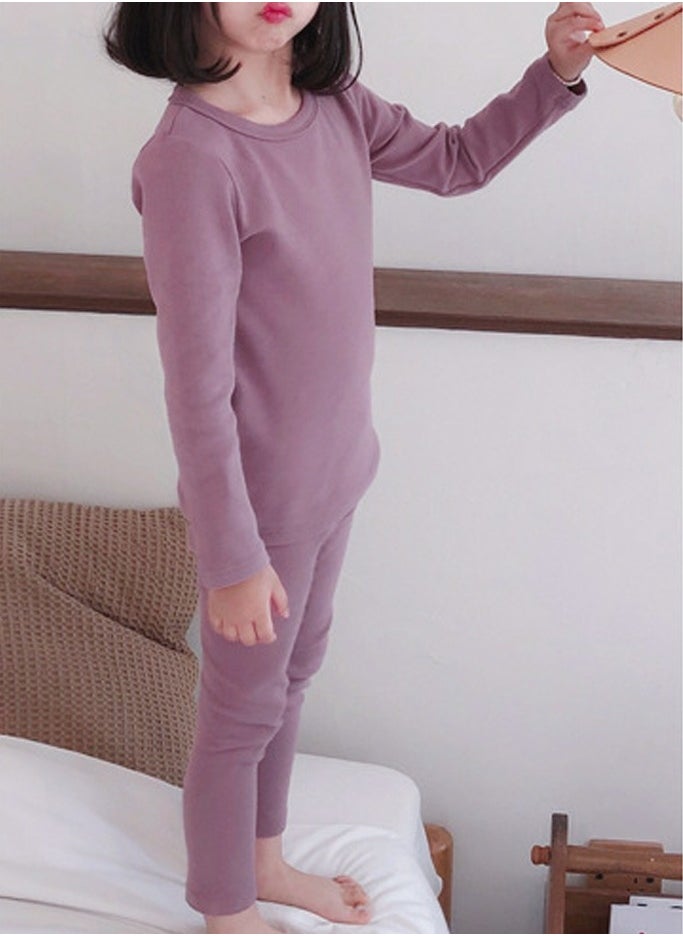 Loquat - Kids Solid Color Thermal Underwear Set Cotton Soft Long Johns Base Layer Top & Bottom Children's Pajama Set Dusty Purple - Image 1