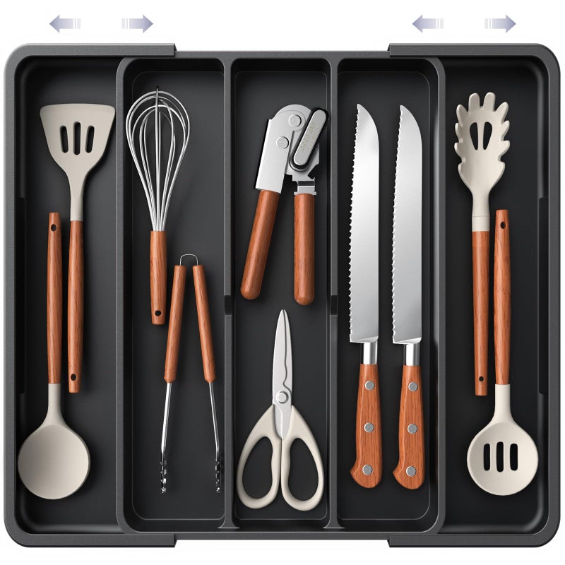 Aujen Silverware Organizer - Expandable Kitchen Drawer Organizer, Adjustable Utensil Organizer, Cutlery Tray for Forks, Knives, Multipurpose Kitchen Organizers and Storage Solution, Black, X-Large - Image 1