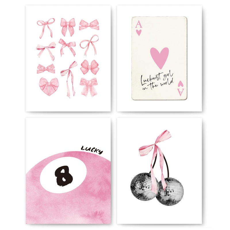 okaxscm Pink Coquette Trendy Preppy Wall Art Prints Set of 4, Coquette Room Decor, Preppy Room Decor Aesthetic, Pink Bow Disco 8 Ball Cherry Wall Decor Posters for Girls Bedroom Dorm, 8x10 Unframed - Image 1