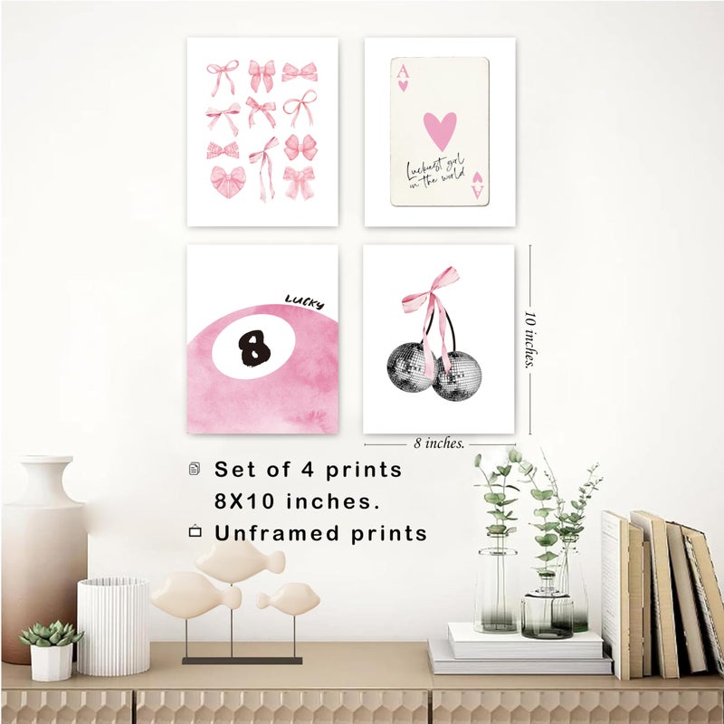 okaxscm Pink Coquette Trendy Preppy Wall Art Prints Set of 4, Coquette Room Decor, Preppy Room Decor Aesthetic, Pink Bow Disco 8 Ball Cherry Wall Decor Posters for Girls Bedroom Dorm, 8x10 Unframed - Image 3