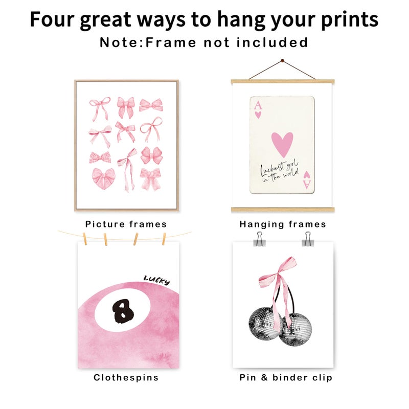 okaxscm Pink Coquette Trendy Preppy Wall Art Prints Set of 4, Coquette Room Decor, Preppy Room Decor Aesthetic, Pink Bow Disco 8 Ball Cherry Wall Decor Posters for Girls Bedroom Dorm, 8x10 Unframed - Image 2
