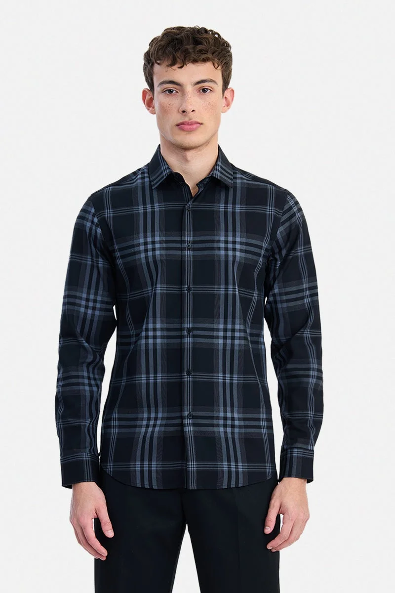 SNITCH Black Checkered Long Sleeve Slim Fit Formal Luxe Shirt
