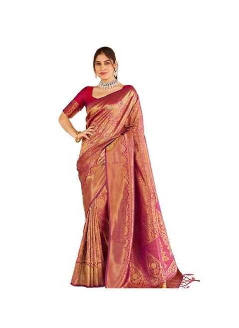 Womens Kanjivaram Silk Saree with Zari Woven Saree With Blouse Piece