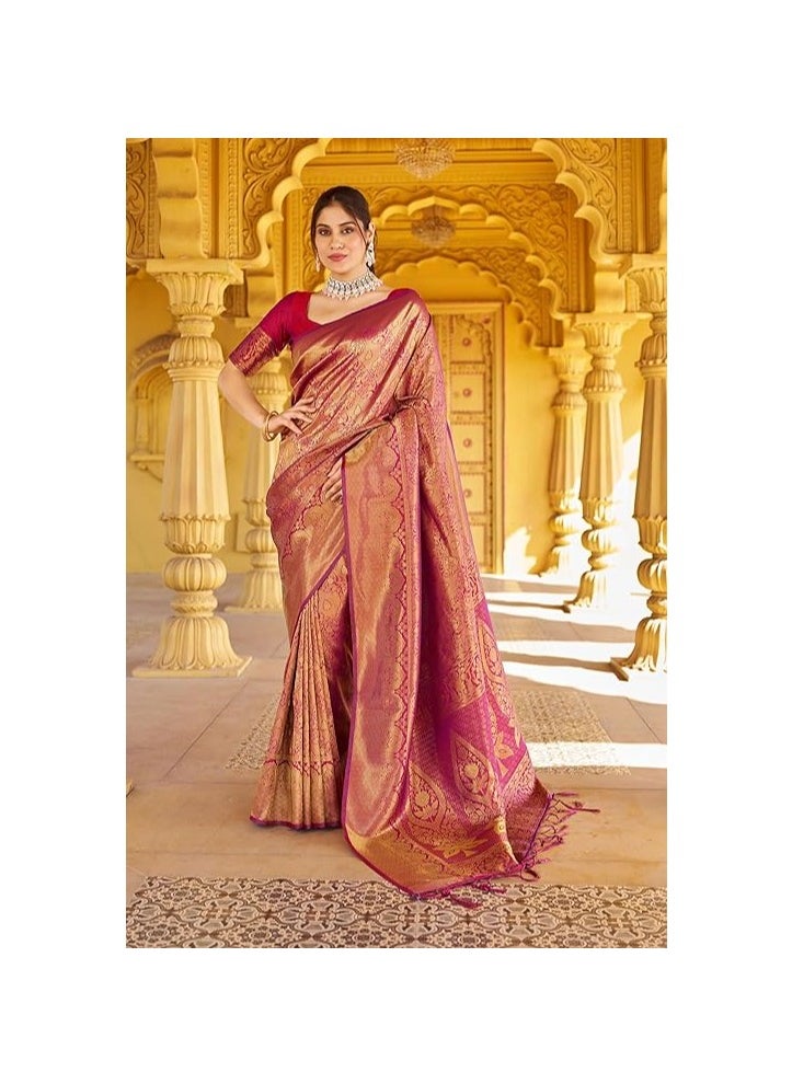 Accessorize Kingdom - Womens Kanjivaram Silk Saree with Zari Woven Saree With Blouse Piece - Image 1