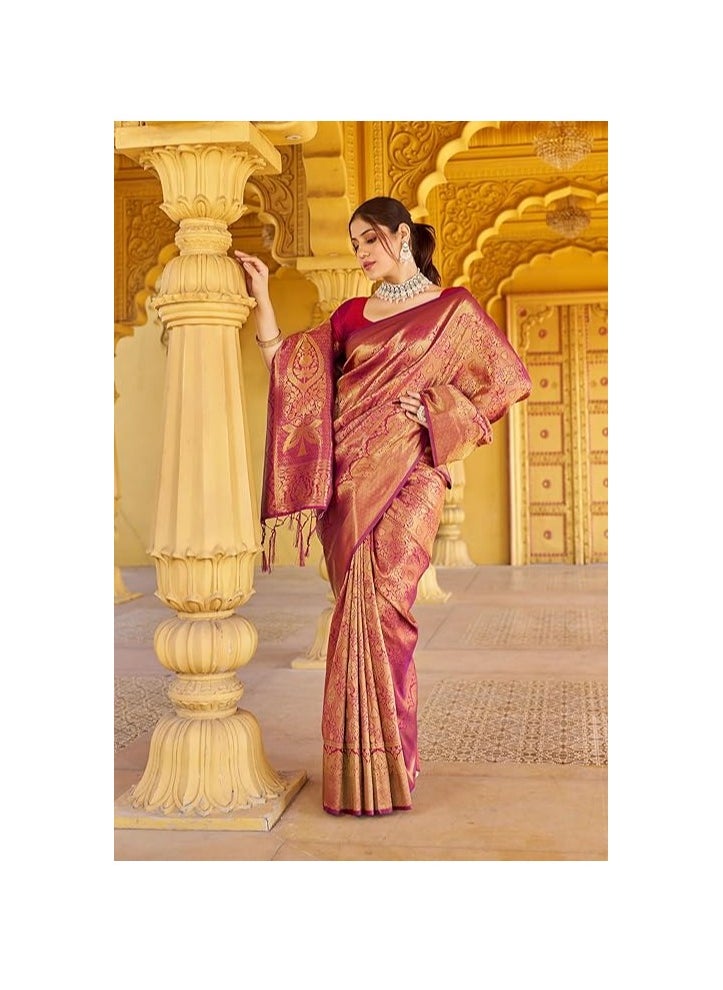 Accessorize Kingdom - Womens Kanjivaram Silk Saree with Zari Woven Saree With Blouse Piece - Image 1