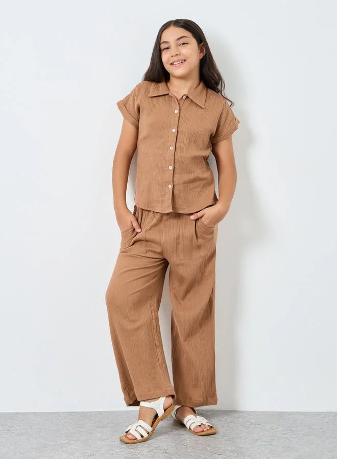 Styli Styli Girls Brown Double Gauze Textured Pants