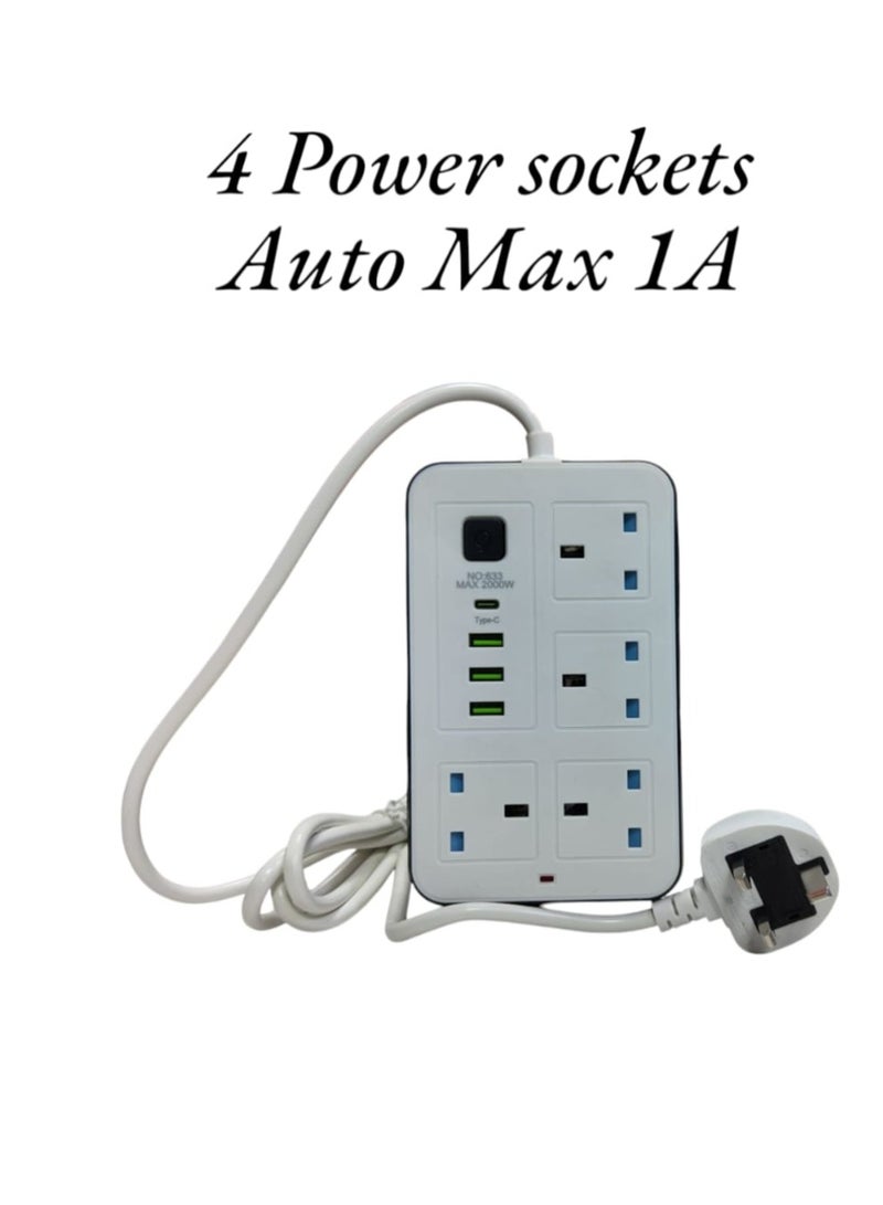 شريط طاقة ممتد بأربعة مقابس و٣ منافذ USB | شحن من النوع C | مقاوم للهب | حماية من الحمل الزائد | أبيض - Image 1