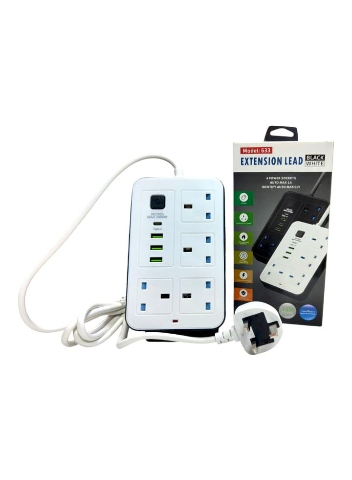 شريط طاقة ممتد بأربعة مقابس و٣ منافذ USB | شحن من النوع C | مقاوم للهب | حماية من الحمل الزائد | أبيض - Image 2