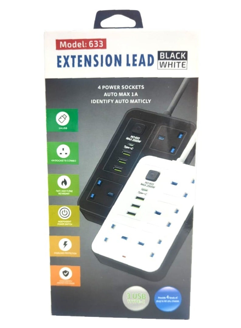 شريط طاقة ممتد بأربعة مقابس و٣ منافذ USB | شحن من النوع C | مقاوم للهب | حماية من الحمل الزائد | أبيض - Image 4