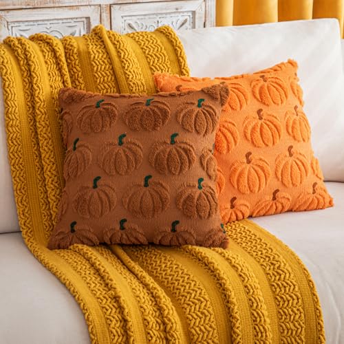 COSIBONO Pumpkin Fall Decorative Throw Pillow Covers 18"x18", Set of 2 Orange Brown Soft Faux Fur Pillow Covers for Autumn Harvest, Fluffy Plush Accent Pillow Cases for Farmhouse Halloween Decor - Image 5