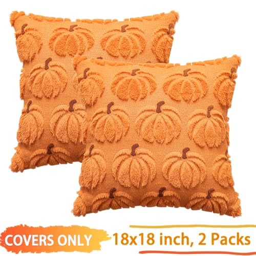COSIBONO Pumpkin Fall Decorative Throw Pillow Covers 18"x18", Set of 2 Orange Brown Soft Faux Fur Pillow Covers for Autumn Harvest, Fluffy Plush Accent Pillow Cases for Farmhouse Halloween Decor - Image 3