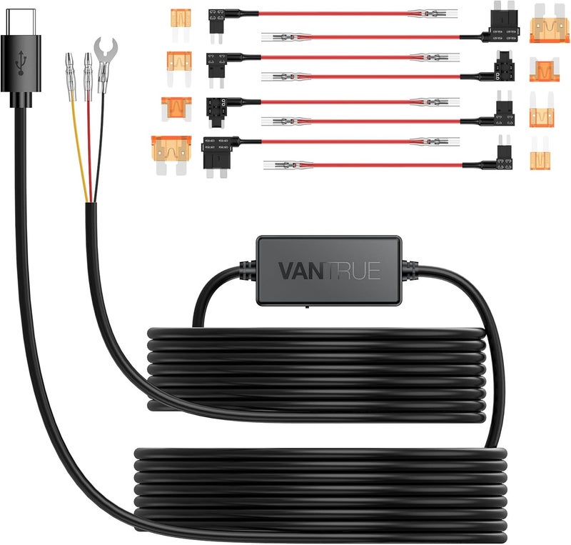 Vantrue 11.5ft Type C USB 12V 24V to 5V Dash Cam Hardwire Kit with Add a Circuit Fuses, Low Voltage Protection for N4, N4 Pro, N5, E1, E1 Lite, E2, E3, S1 Pro, N1 Pro(2023) - Image 1