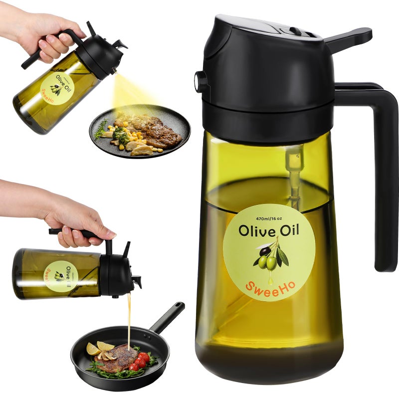 SweeHo Oil Sprayer for Cooking,470ml Cooking Olive Oil Sprayer and Oil Dispenser 2 In 1, Food-grade Glass Oil Spray Bottle Mister for Air Fryer, BBQ, Griddle (Black+dark green glass and color label) - Image 1