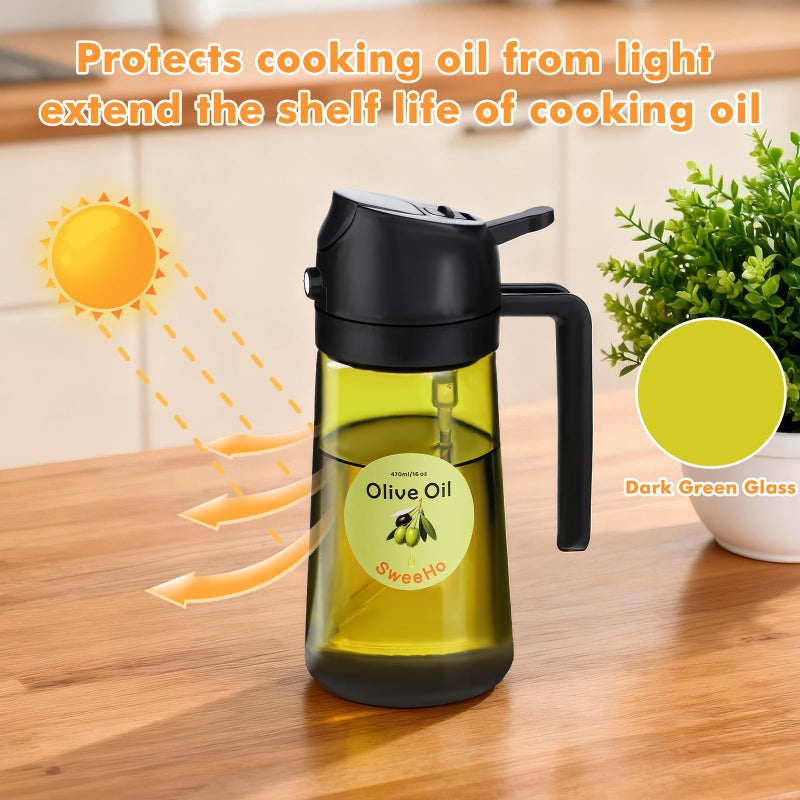 SweeHo Oil Sprayer for Cooking,470ml Cooking Olive Oil Sprayer and Oil Dispenser 2 In 1, Food-grade Glass Oil Spray Bottle Mister for Air Fryer, BBQ, Griddle (Black+dark green glass and color label) - Image 2