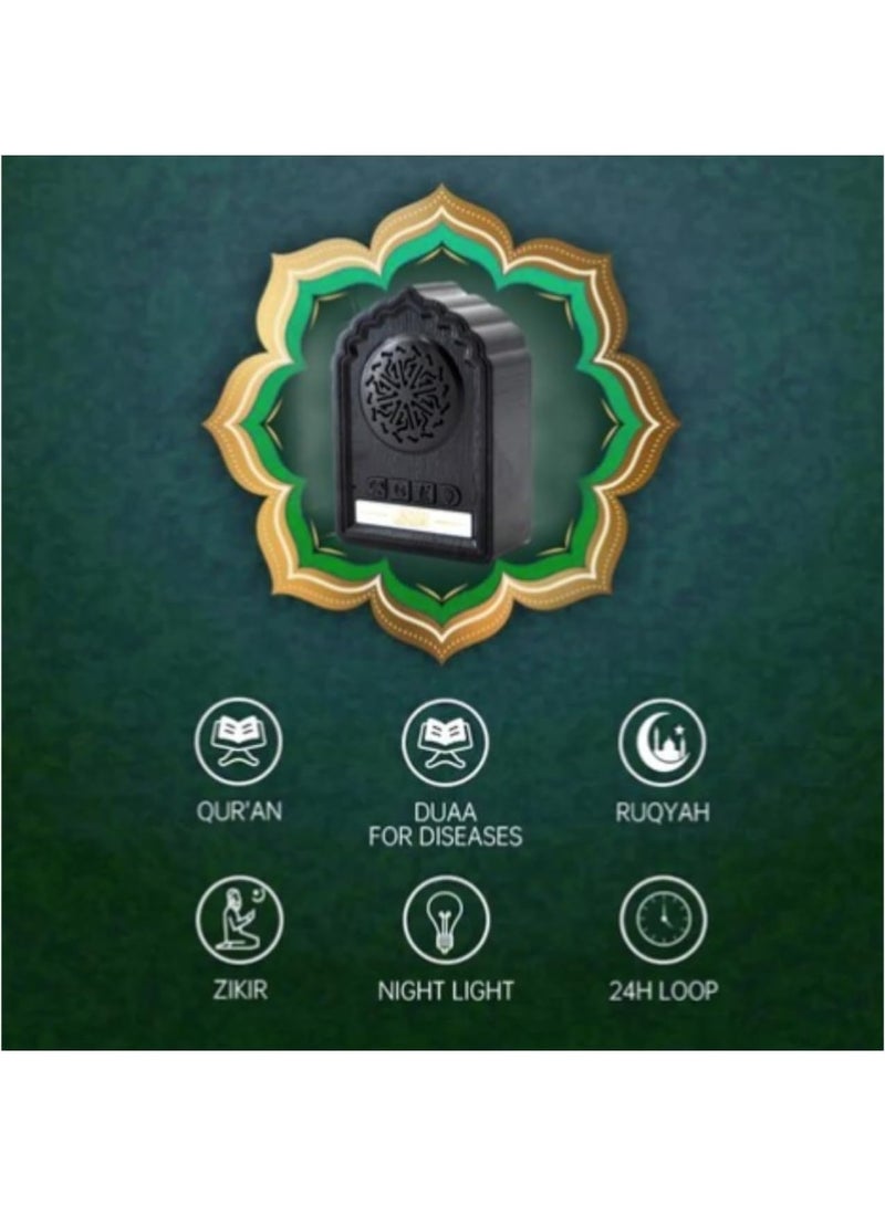 JAJEEK QB812 Black Wall-Mounted Quran Speaker SQ669 – Built-In Wireless Quran Recitation with Bluetooth, 24-Hour Loop for Ruqyah, Dua, Zikir & Healing Verses – LED Night Light, Remote Control, 3-Pin Plug – Islamic Muslim Prayer Audio Speaker for Home or Mosque - Image 2