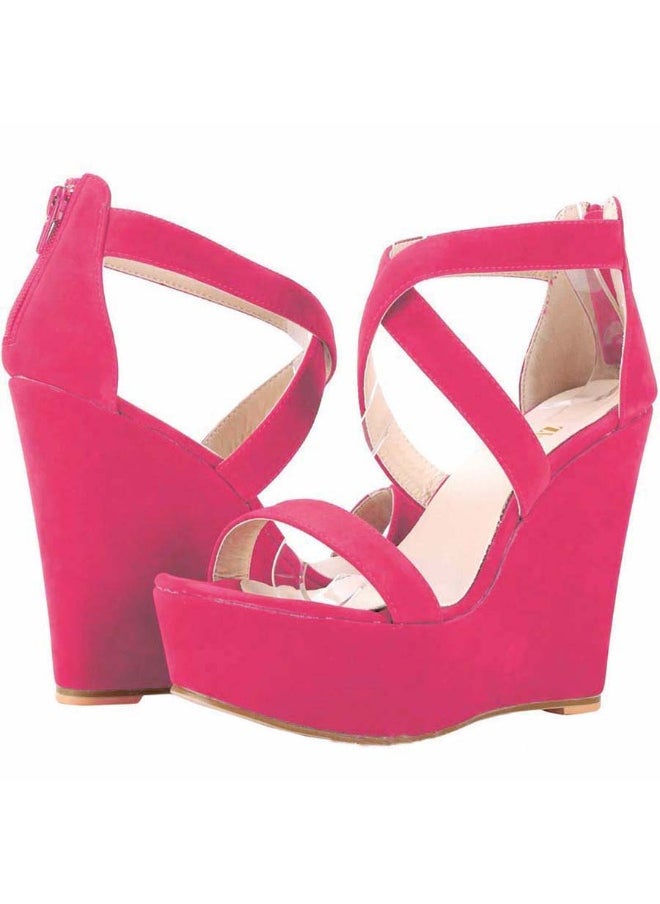 Loquat Wedge platform Roman fish-mouth high-heel sandals 14cm Rose Red  - Image 2
