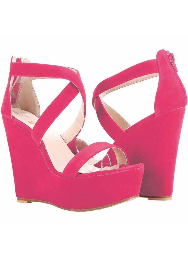Loquat Wedge platform Roman fish-mouth high-heel sandals 14cm Rose Red  - Image 1