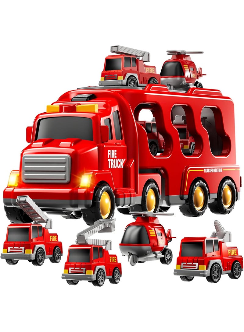 هالامودو مجموعة ألعاب شاحنة الإطفاء (1 شاحنة كبيرة + 6 سيارات صغيرة)، لعبة فتى محرك النار، مركبة إنقاذ قوية مقاومة للانحطام، تدريب على لعب الأدوار والتخزين، الأطفال الفتيان الفتيات هدية عيد الميلاد، الأحمر - Image 1