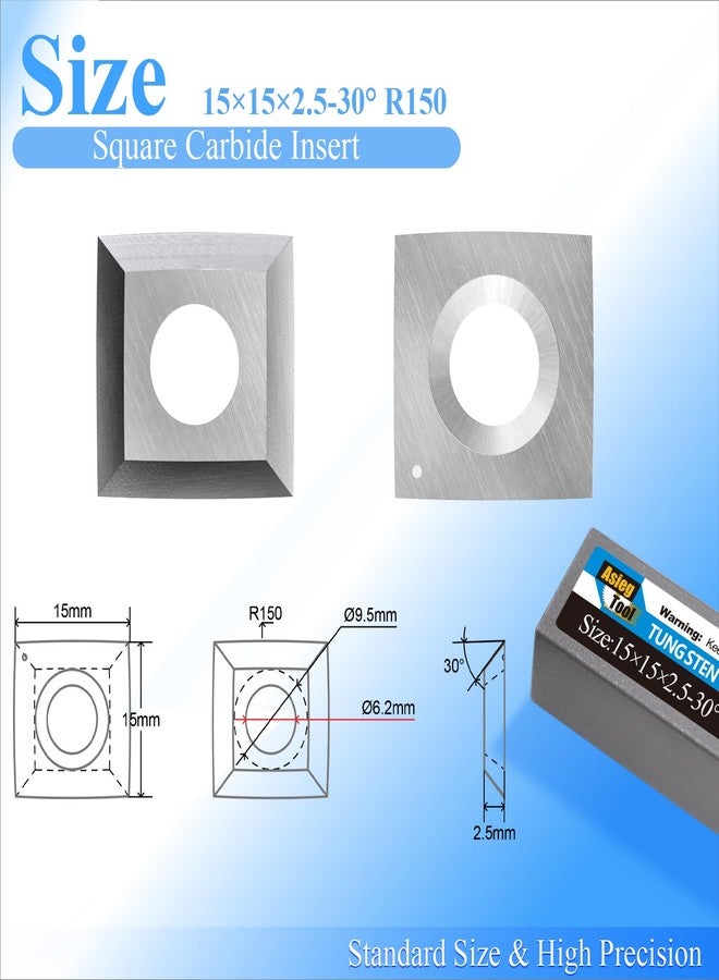 Asieg Tool 15mm Square Tungsten Carbide Replacement Cutter Inserts Knives 15 x 15 x 2.5mm-4 Edges with 6" Face Radius fit for Woodworking Helical Planer Head and CNC or DIY Wood Lathe Turning Rougher Tools 10pcs - Image 2