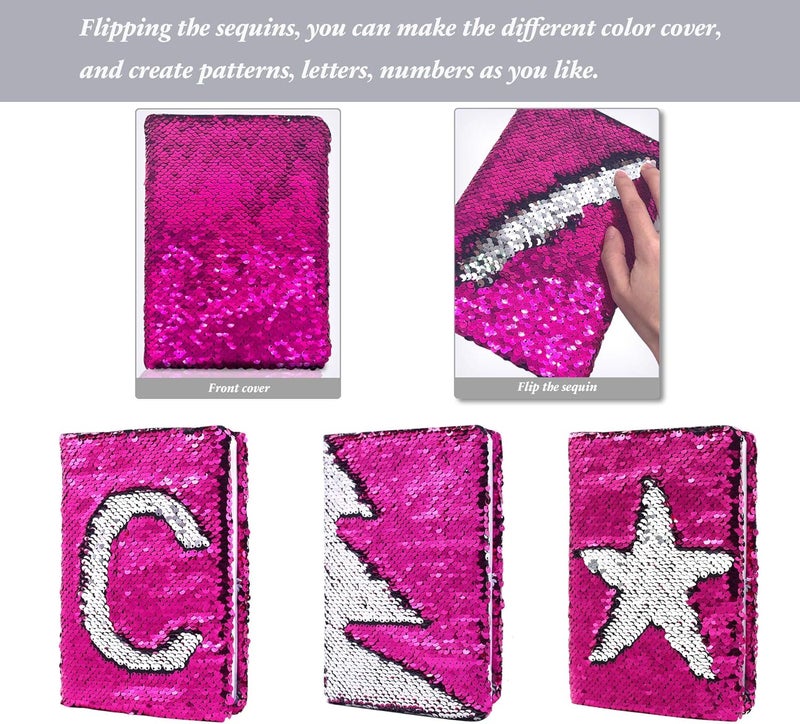 GINMLYDA Sequin Girls Journal for Kids, 8.5x5.5 Inches 160 Lined Pages Diary for Girls and Boys Reversible Flip Sequence Notebook for Teen Pre School Writing Drawing Travel Gifts (Rose Red-Sliver) - Image 2
