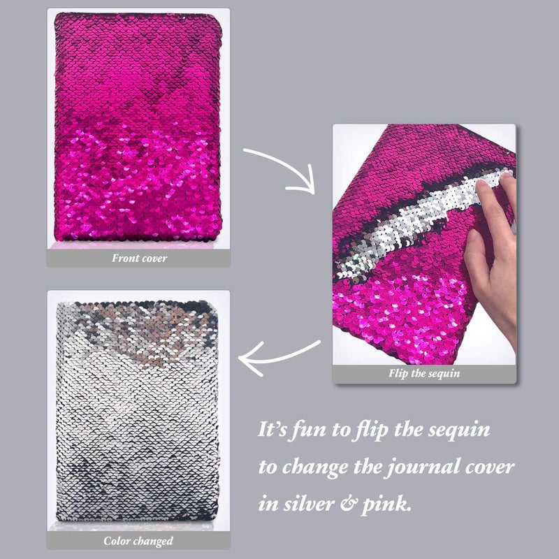 GINMLYDA Sequin Girls Journal for Kids, 8.5x5.5 Inches 160 Lined Pages Diary for Girls and Boys Reversible Flip Sequence Notebook for Teen Pre School Writing Drawing Travel Gifts (Rose Red-Sliver) - Image 3