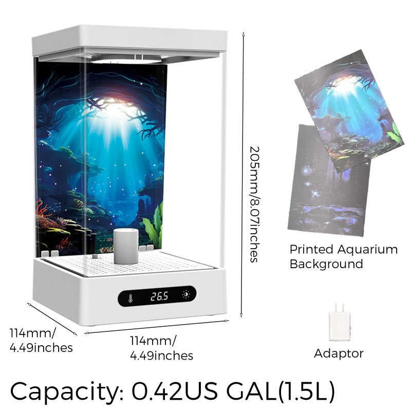 Sheawasy Small Shrimp Tank, 0.42 Gal Mini Fish Tank, Smart Automatic Heating, Easy Water Change Valve, and Energy-Efficient LED Lighting - Perfect for Office, Home, and Bedrooms, Single Betta Fish Only - Image 3
