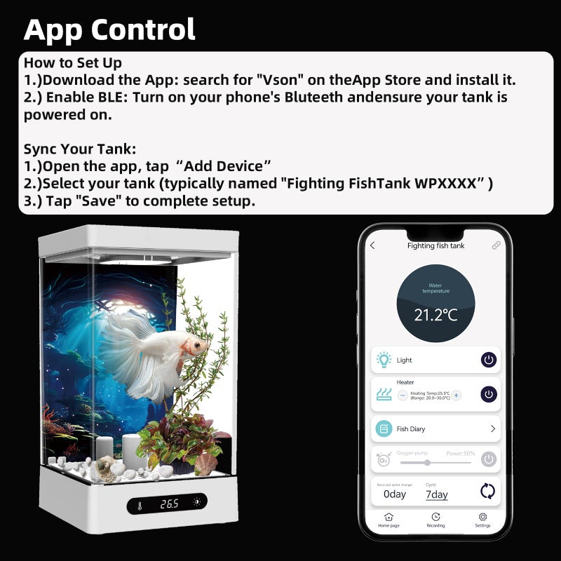 Sheawasy Small Shrimp Tank, 0.42 Gal Mini Fish Tank, Smart Automatic Heating, Easy Water Change Valve, and Energy-Efficient LED Lighting - Perfect for Office, Home, and Bedrooms, Single Betta Fish Only - Image 5