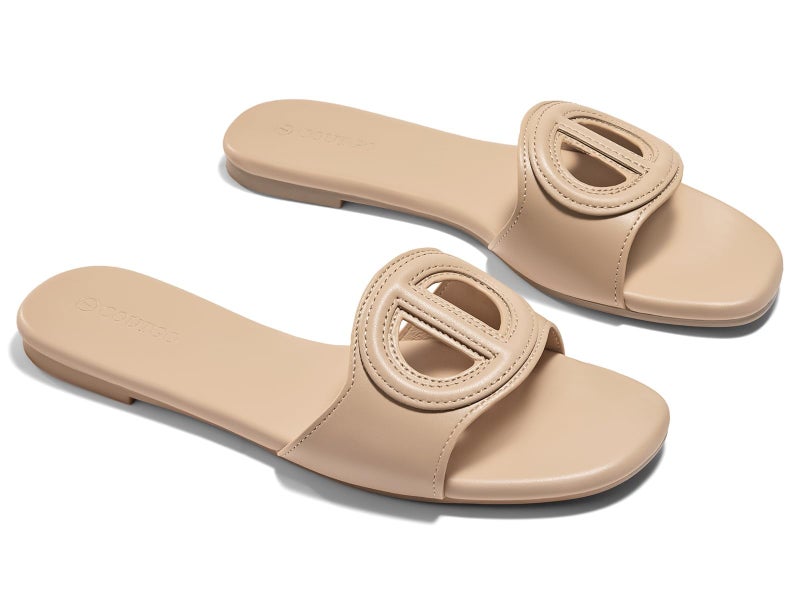 Coutgo Womens Dressy Flat Sandals Open Toe Slip on Leather Summer Beach Slide Sandals, Khaki, Size 9 - Image 1