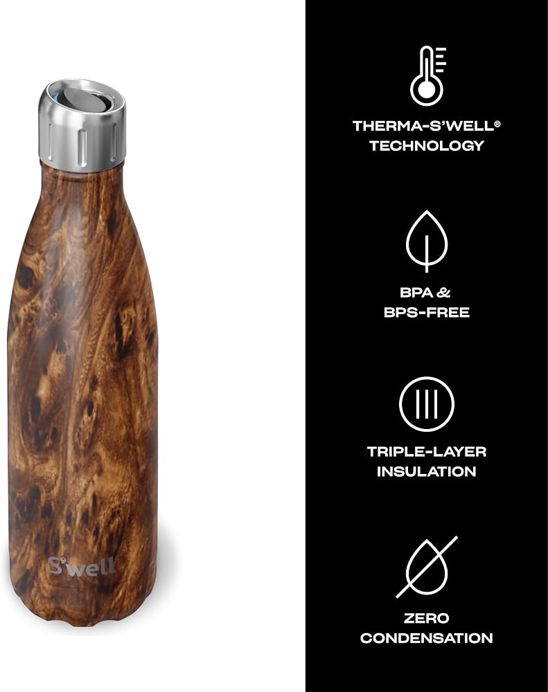 S'well Stainless Steel Water Bottle with Sports Cap, 17oz, Teakwood, Triple Layered Vacuum Insulated Containers Keeps Drinks Cold for 36 Hours and Hot for 10, BPA Free, Perfect for On the Go - Image 2