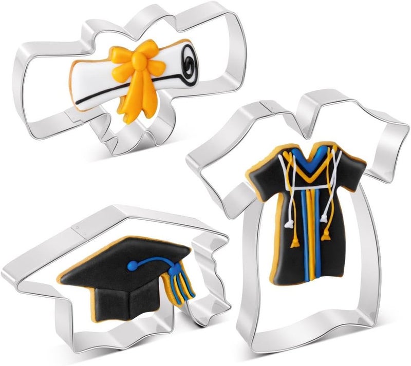 KELOFKO Graduation Cookie Cutters Set 3 Pieces, Stainless Steel Graducation Cap Cookie Cutter, Diploma, Graduation Gown Dress Cookie Cutter for Graduation Celebration Party - Image 1