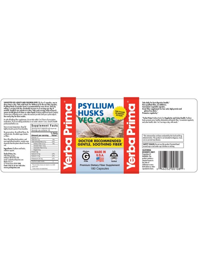 Yerba Prima - Psyllium Husks Veg Caps 180 Count (Pack Of 4) Vegan Non Gmo Gluten Free Colon Cleanser Daily Fiber Supplement For Gut Health & Regularity - Image 1