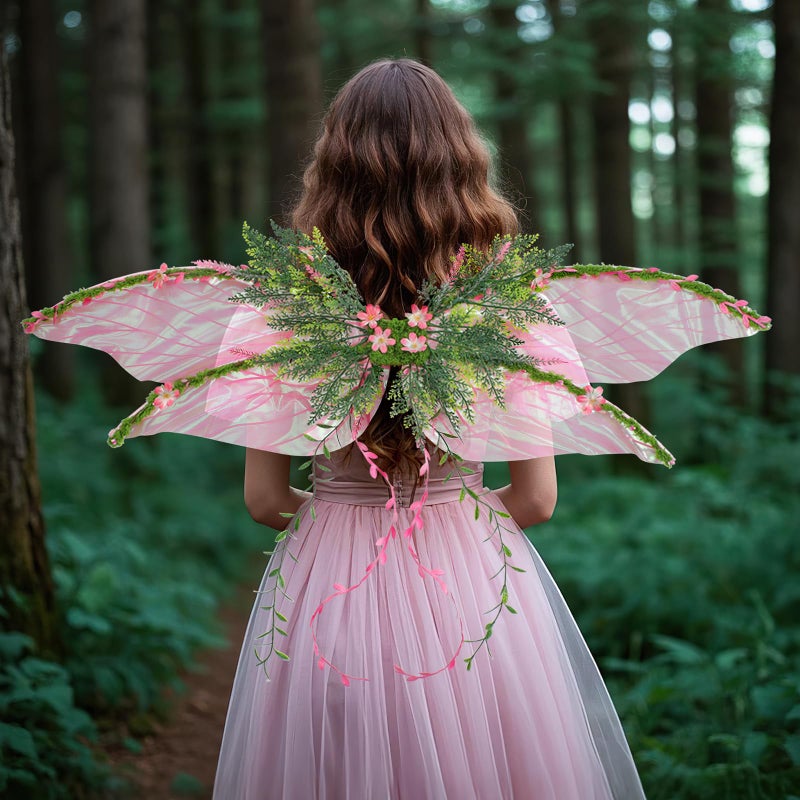 RENEMEGO Pink Fairy Wings for Adult - Butterfly Wings for Women Mother Nature Costume Woodland Elf Wings with Pink Flowers Leaves and Vines for Renaissance Renfaire Fantasy Fairy Costume Cosplay - Image 2