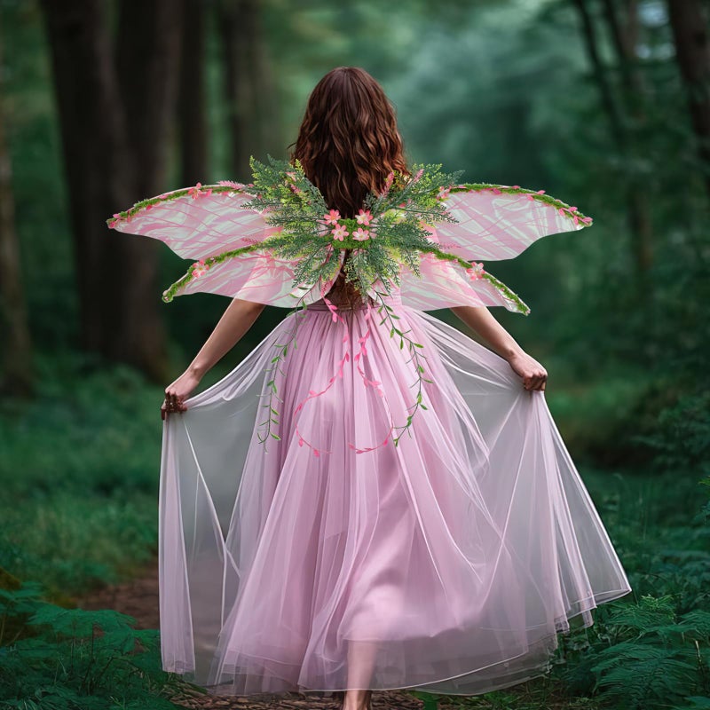 RENEMEGO Pink Fairy Wings for Adult - Butterfly Wings for Women Mother Nature Costume Woodland Elf Wings with Pink Flowers Leaves and Vines for Renaissance Renfaire Fantasy Fairy Costume Cosplay - Image 4