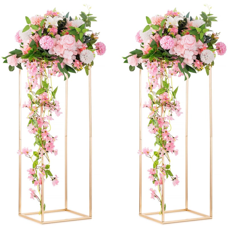 Inweder Column Vases Wedding Centerpieces for Tables  2 Pcs Metal Flower Stand Gold Tall Floor Vase 315in Rectangular Geometric Flower Rack for Wedding Decorations Event Home Party