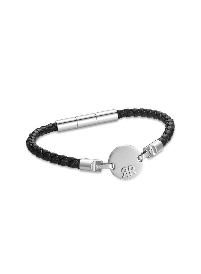 CERRUTI 1881 Enzo Silver and Black Leather Bracelet - Image 1
