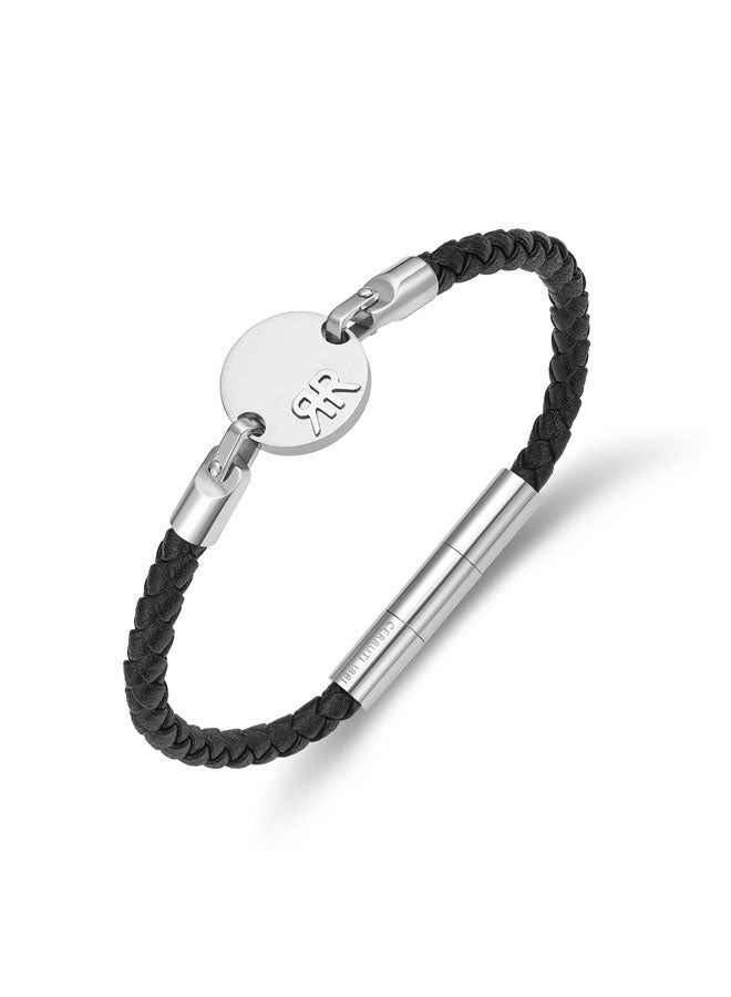 CERRUTI 1881 Enzo Silver and Black Leather Bracelet - Image 2