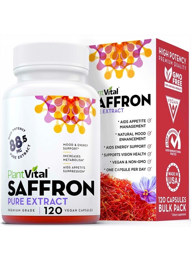 Plantvital Saffron Supplements - 88.5 mg of Saffron Extract in 120 Vegan Capsules - Natural Benefits & Antioxidants from Premium Quality Saffron Capsules. - Image 1