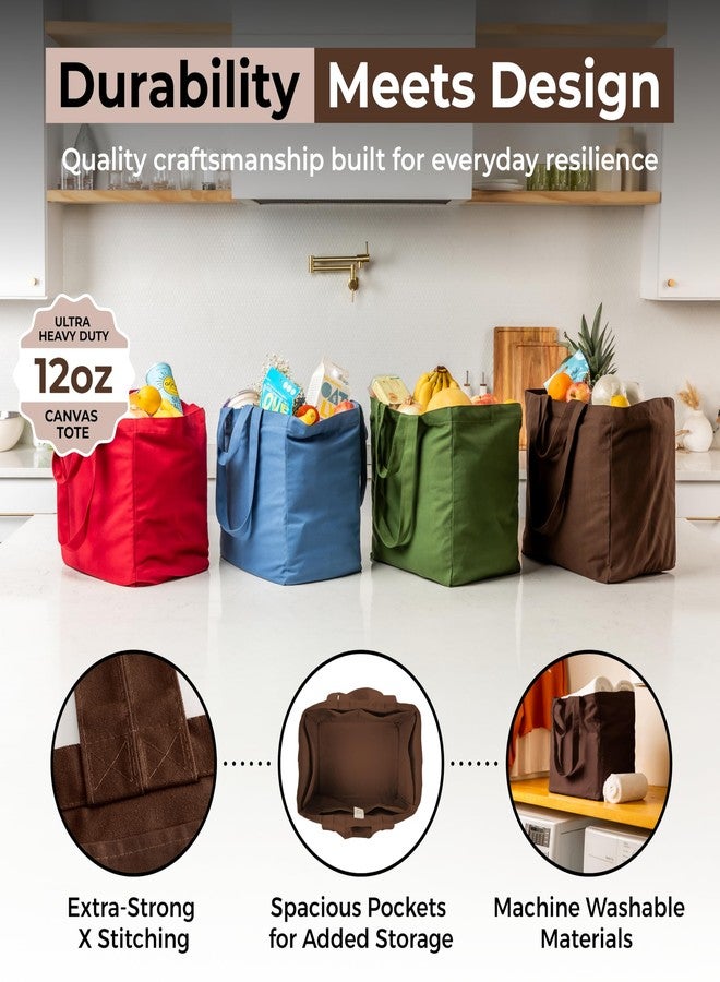 VeraMia Canvas Grocery Bag 3pc Jumbo Set with Real Pockets, Long Shoulder Strap and Short Handle. Reusable Shopping Bags for Groceries Heavy Duty, Foldable, Washable, Grocery Tote Bag (Dark Chocolate) - Image 3