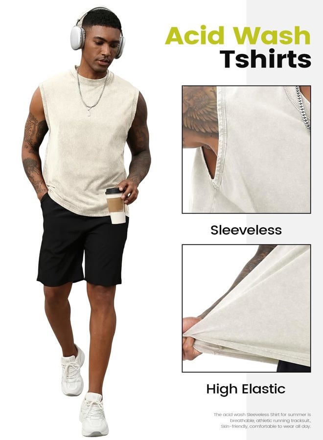 Yimoon Mens Cotton Workout Tank Tops Sleeveless Acid Wash Tshirts Cut Off Muscle Shirts Loose Fit Running Gym Tees, Black+khaki+beige, L - Image 4