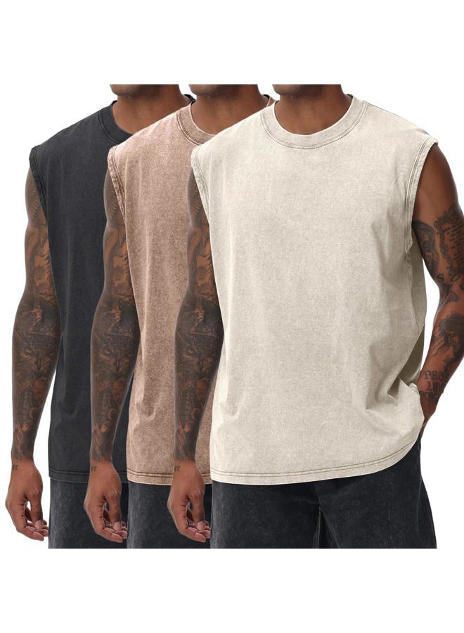 Yimoon Mens Cotton Workout Tank Tops Sleeveless Acid Wash Tshirts Cut Off Muscle Shirts Loose Fit Running Gym Tees, Black+khaki+beige, L - Image 1