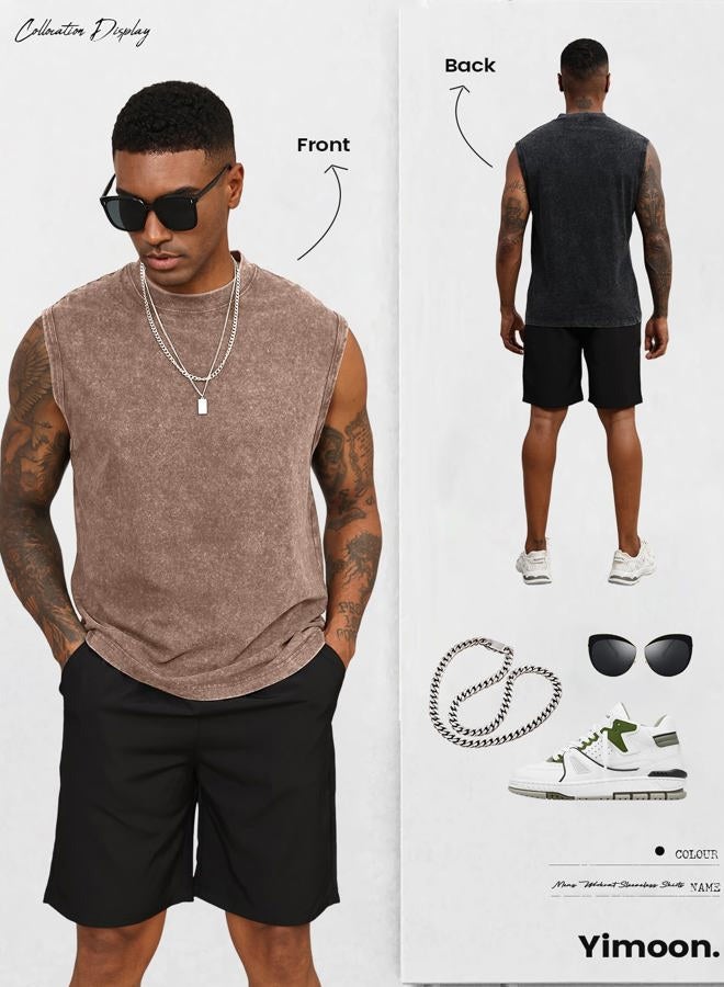 Yimoon Mens Cotton Workout Tank Tops Sleeveless Acid Wash Tshirts Cut Off Muscle Shirts Loose Fit Running Gym Tees, Black+khaki+beige, L - Image 5