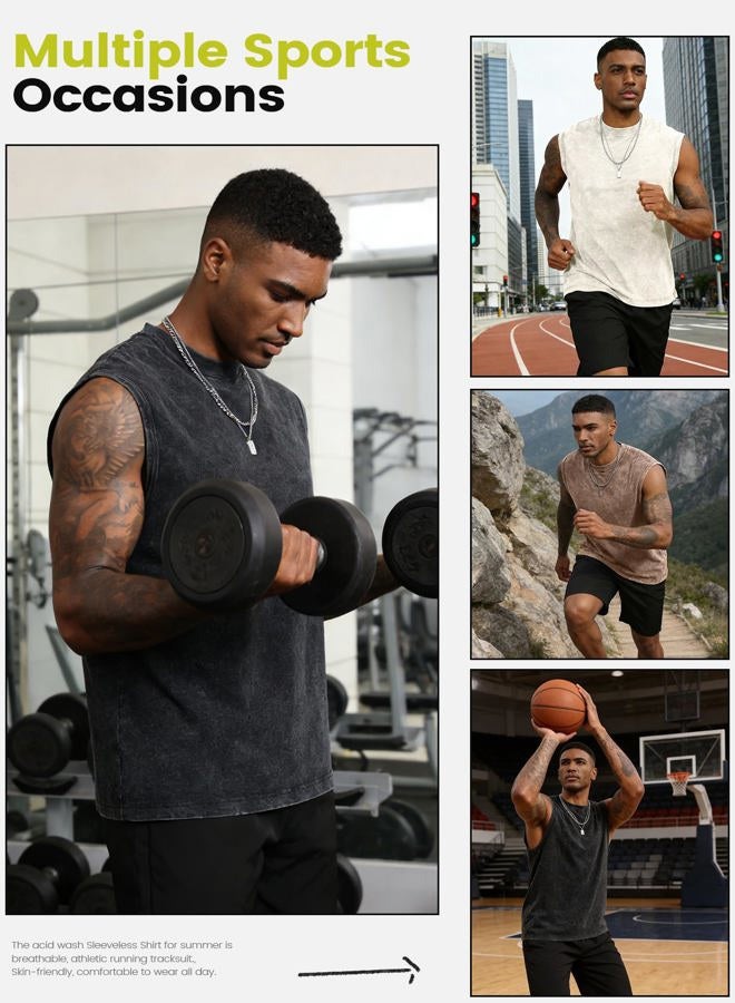 Yimoon Mens Cotton Workout Tank Tops Sleeveless Acid Wash Tshirts Cut Off Muscle Shirts Loose Fit Running Gym Tees, Black+khaki+beige, L - Image 2