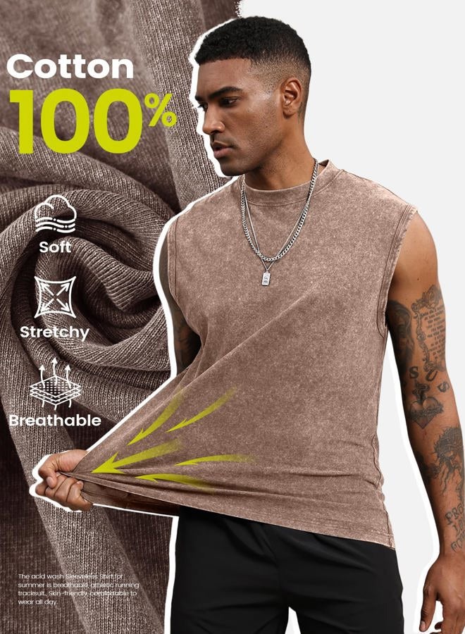 Yimoon Mens Cotton Workout Tank Tops Sleeveless Acid Wash Tshirts Cut Off Muscle Shirts Loose Fit Running Gym Tees, Black+khaki+beige, L - Image 3