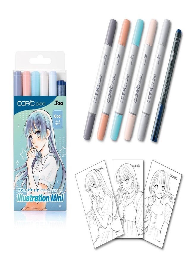 Copic Ciao Illustration Mini Cool Set, 5 Alcohol-markers + 1 Multiliner drawing pen - Image 1