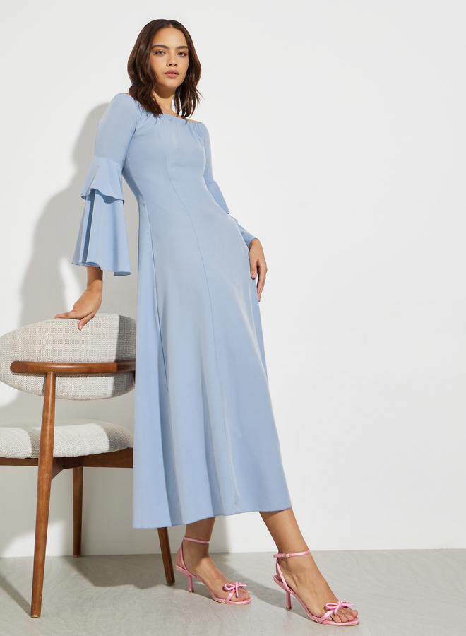 Blue A-Line Midi Dress with Bell Sleeves