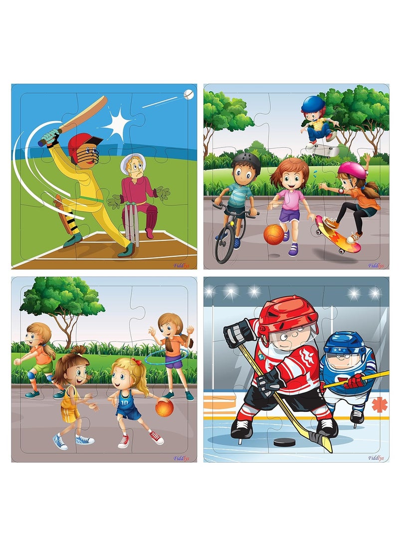 Fiddlys Wood Jigsaw Puzzles for Kids & Children -9 Pieces Age 3+ (Sports - Pack of 4) - Image 1