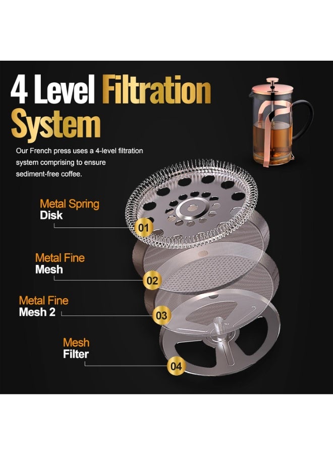 UPSCALE 350ml French Press Coffee & Tea Maker| Coffee Plunger and Brewer Pot| Stainless Steel with Four Level Filter| Metallic Body, Borosilicate Glass, 2 Spare Filters and 1 Spoon - Image 3