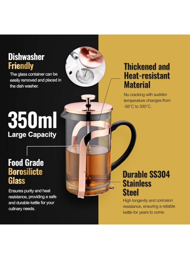 UPSCALE 350ml French Press Coffee & Tea Maker| Coffee Plunger and Brewer Pot| Stainless Steel with Four Level Filter| Metallic Body, Borosilicate Glass, 2 Spare Filters and 1 Spoon - Image 2