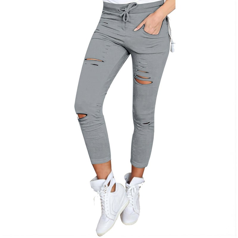 Women Ripped Cropped Leggings Grey S Size Pockets For Walking Shopping Jogging Relax Home - Image 2